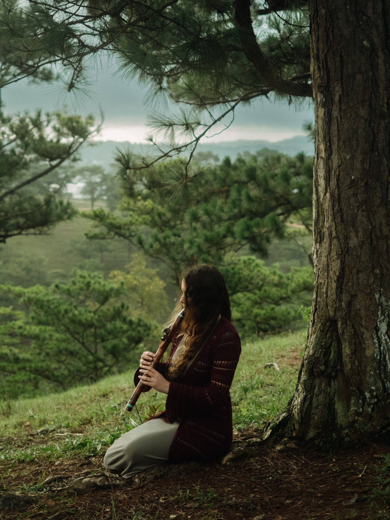 Performance beneath a tall pine tree on a misty hillside